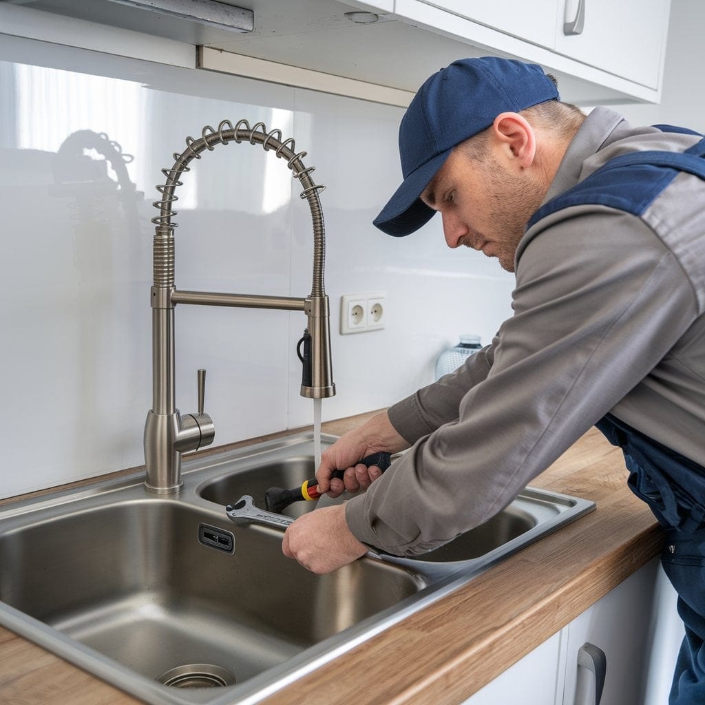 Plumber working on leaking sink