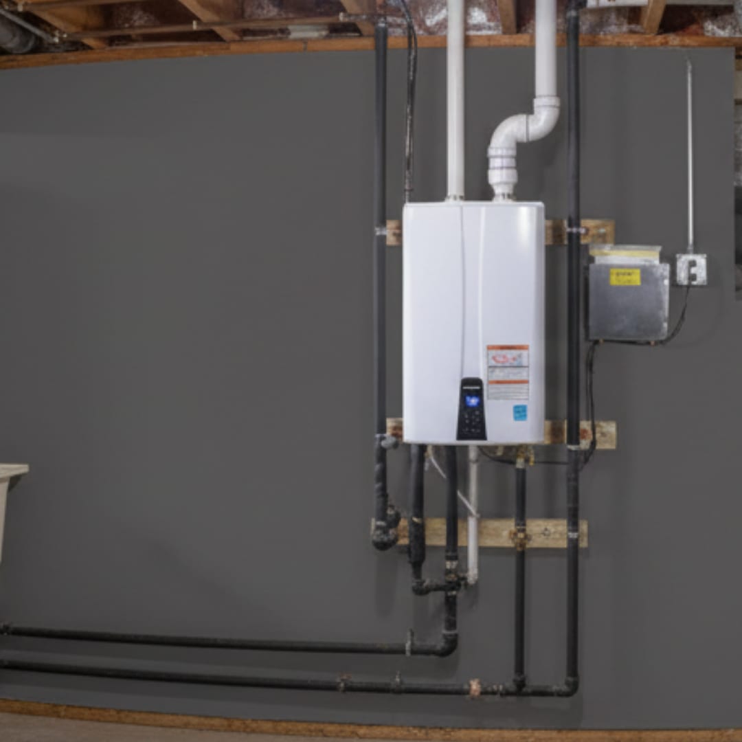 Tankless water heater installed in a basement