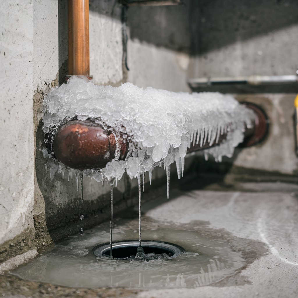 Completely frozen pipe