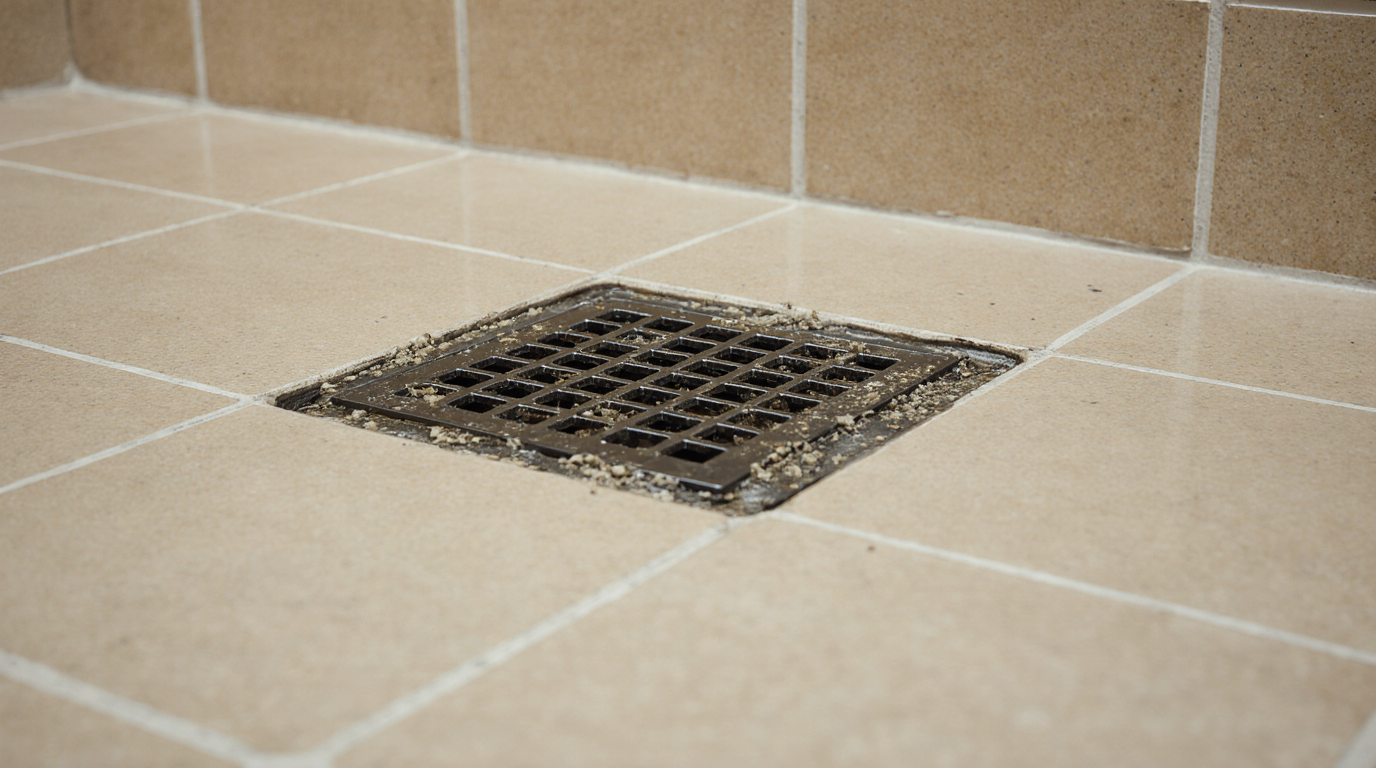 a close up of a plugged shower drain