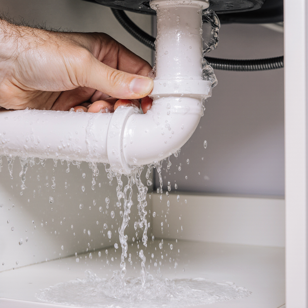 close up of water burst in pVC pipe under sink